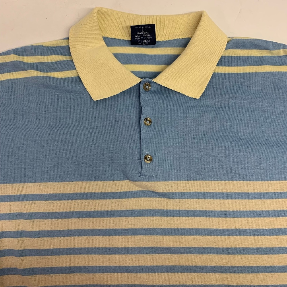 Vintage Robert Bruce Light Blue White Horizontal Stripe Polo Shirt Size Large